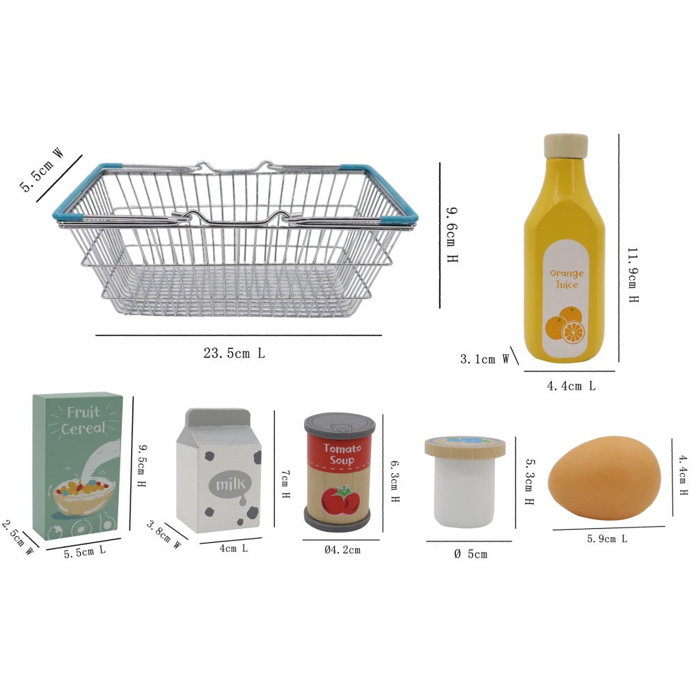 Wooden Grocery Items In Metal Shopping Basket