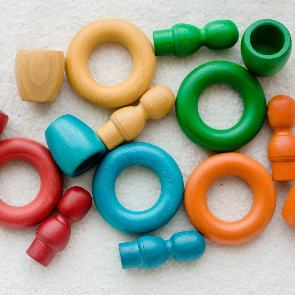 Wooden Rainbow People Cups and Rings