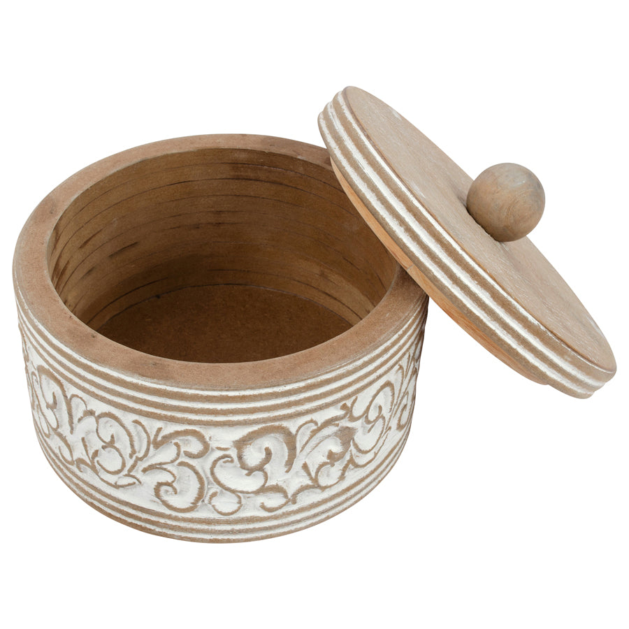 Wooden Round Carved White Trinket Box with Lid - 17x17x14cms
