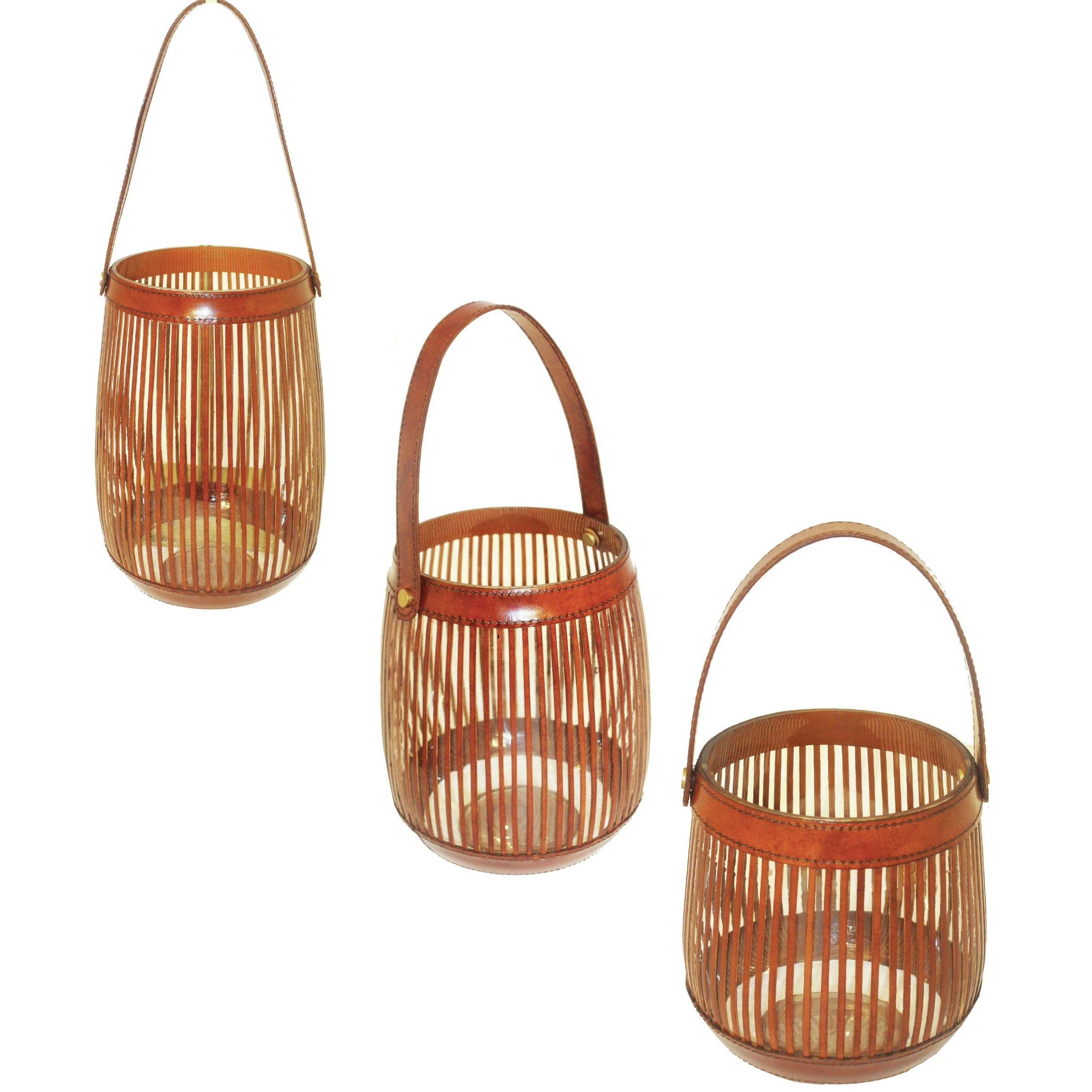 Leather Clad Glass Hanging Hurricane Lamps (Available in 3 Sizes)