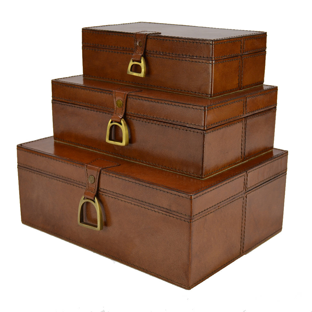 MEDIUM Set of 3 Nesting Leather Boxes W/ Stirrup (Available in 4 Colours)