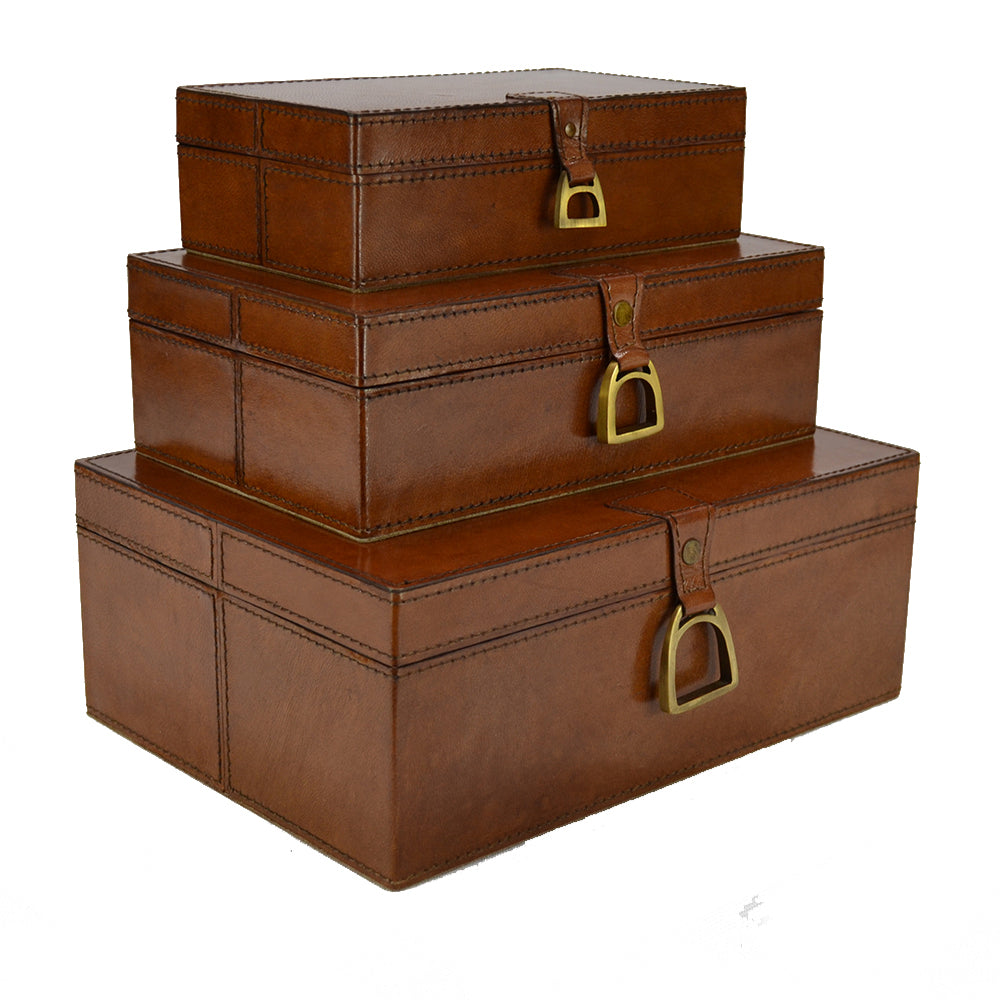 MEDIUM Set of 3 Nesting Leather Boxes W/ Stirrup (Available in 4 Colours)