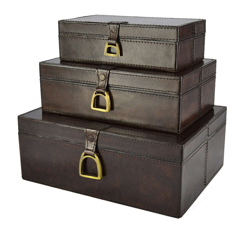 MEDIUM Set of 3 Nesting Leather Boxes W/ Stirrup (Available in 4 Colours)