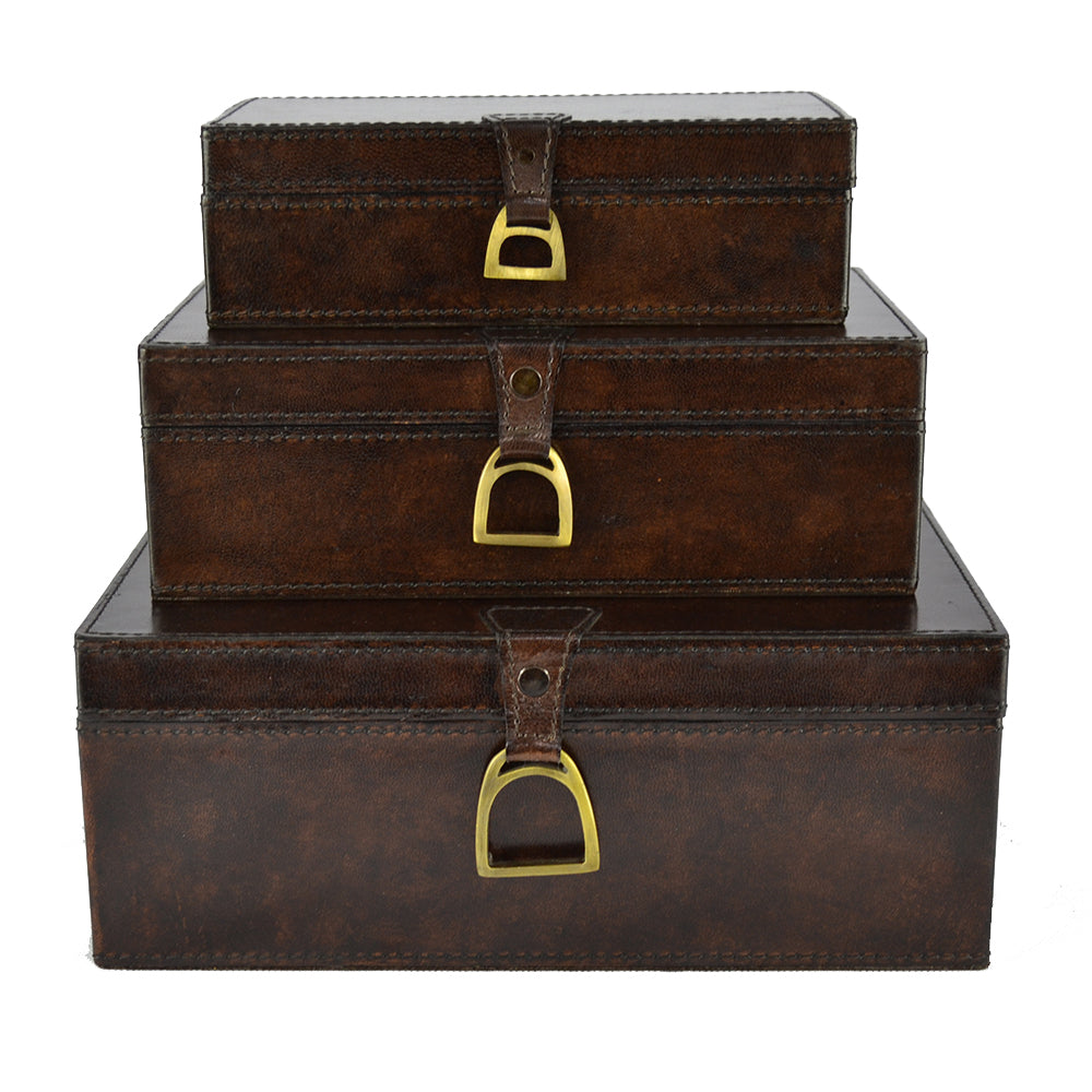 MEDIUM Set of 3 Nesting Leather Boxes W/ Stirrup (Available in 4 Colours)