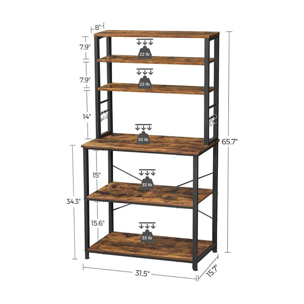 6 Tier Storage Shelves with 6 Hooks - Rustic Brown and Black