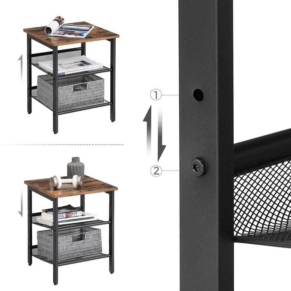 Set of 2 Side Table with 2 Mesh Shelves - Rustic Brown