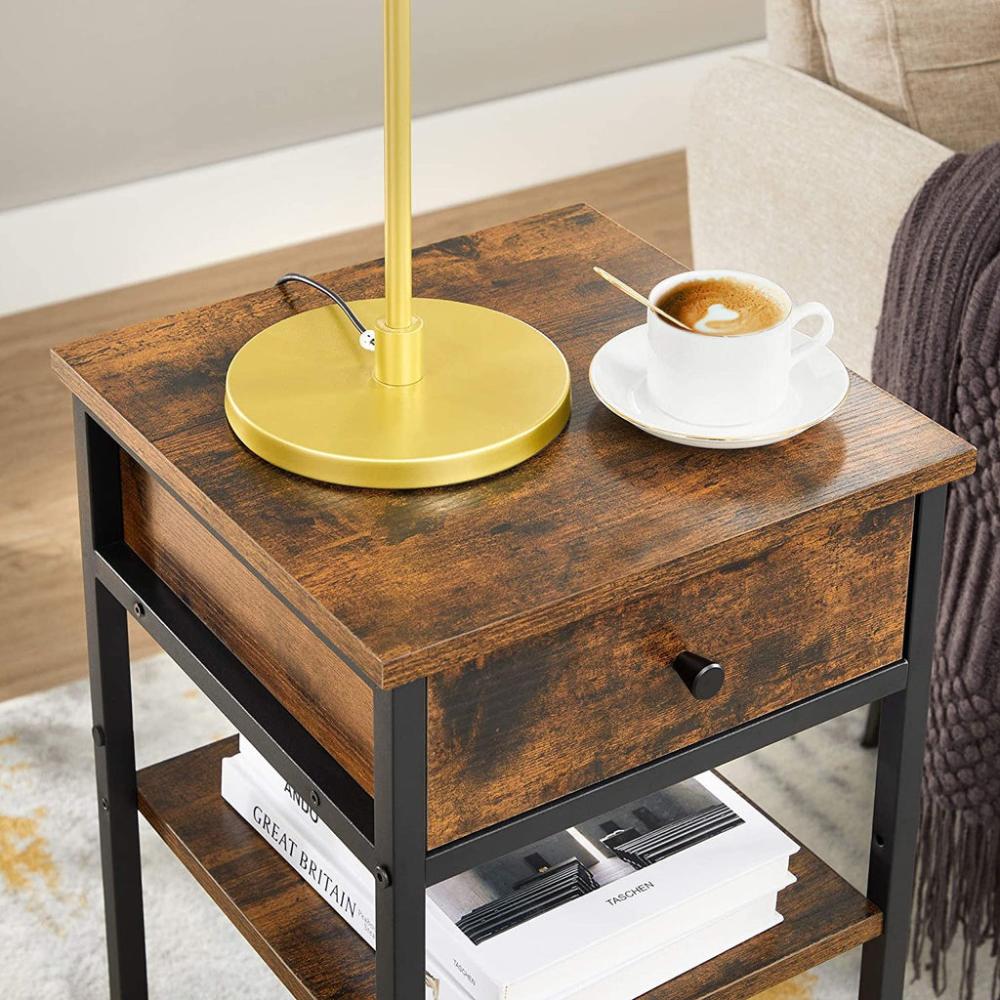 Nightstand End Table with a Drawer and 2 Storage Shelves