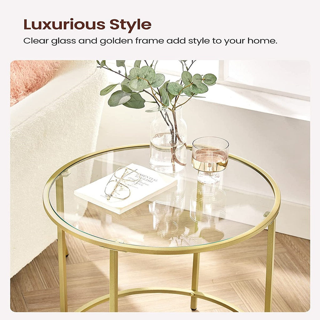 Round Side Tables Set of 2 Tempered Glass - Steel Frame Gold