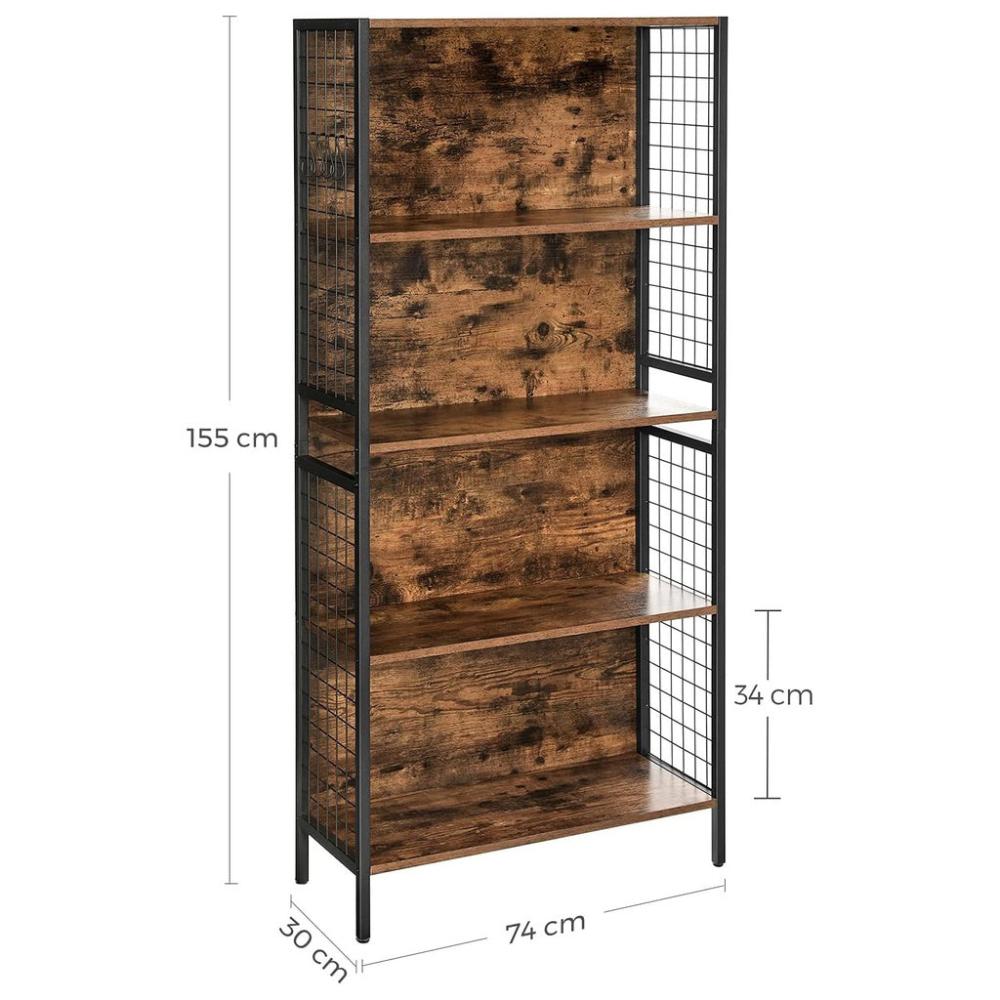 4 Tiers Bookcase Office Storage Shelf - Rustic Brown and Black