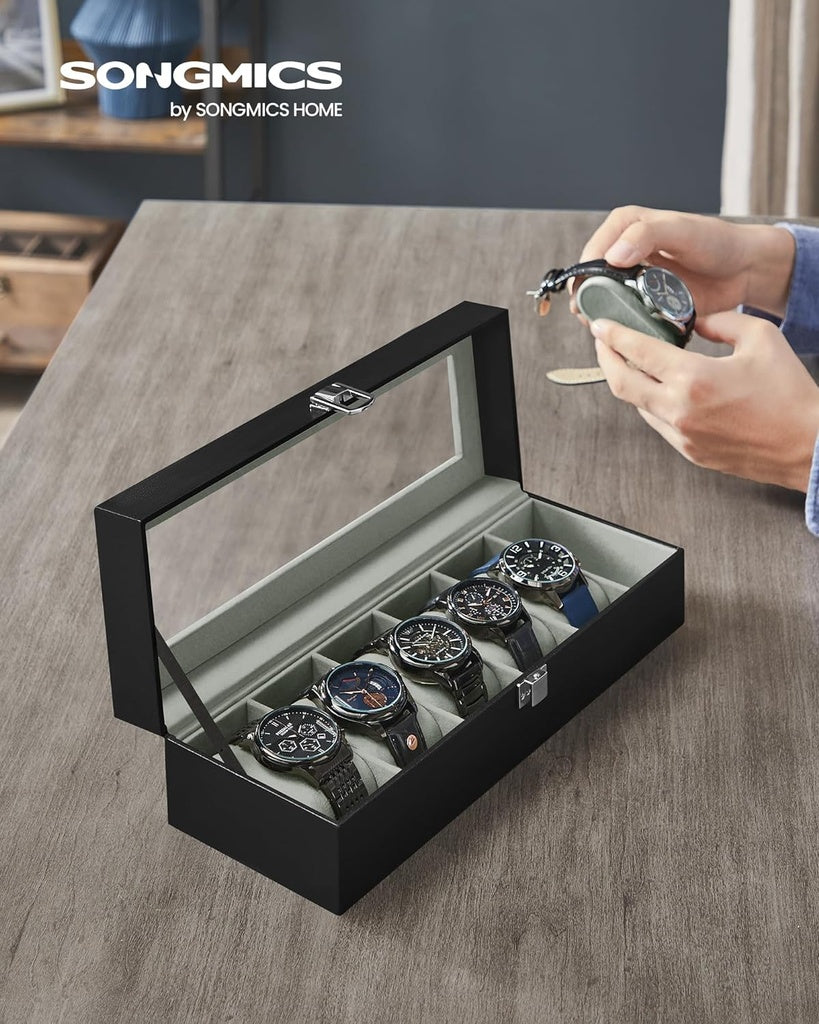 Watch Box for 6 Watches with Glass Lid - Black Synthetic Leather Grey Lining