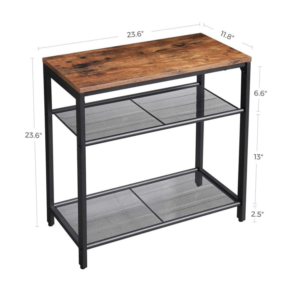 Side Table 3-Tier End Table with Mesh Shelves - Rustic Brown