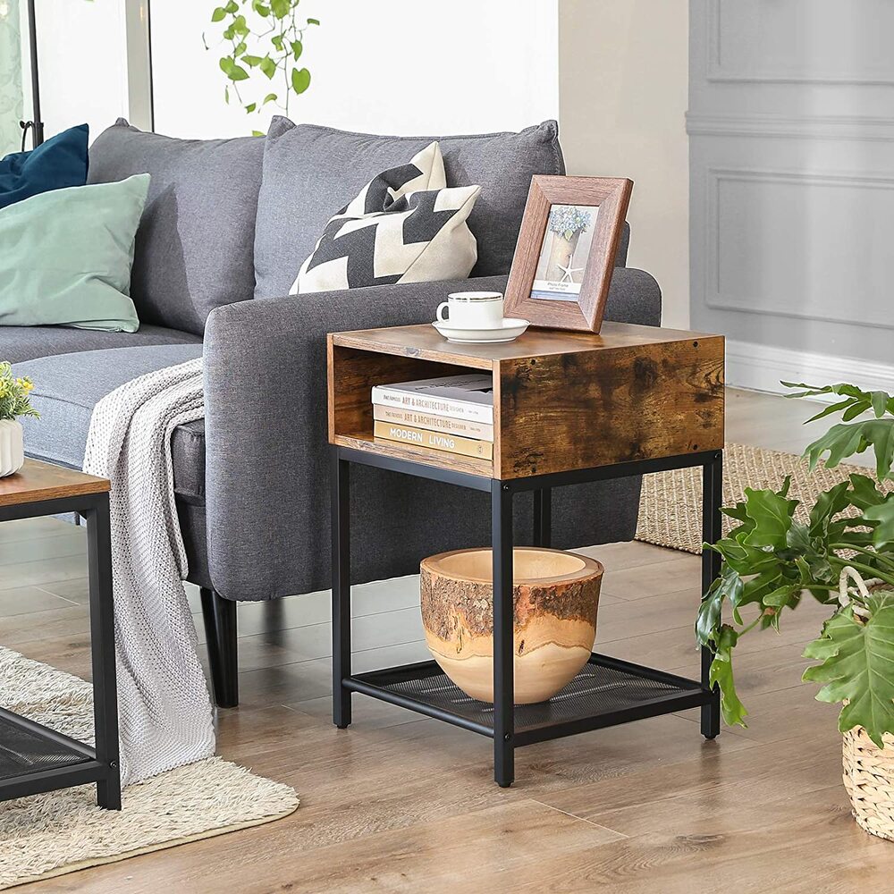 Side Table with Open Compartment and Mesh Shelf