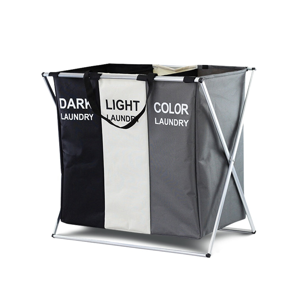 Foldable Laundry Cloth Hamper with 3 Sections - 135L (White + Grey + Black)
