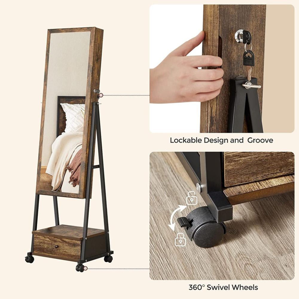 Lockable Jewelry Cabinet Floor Standing on Wheels - Rustic Brown