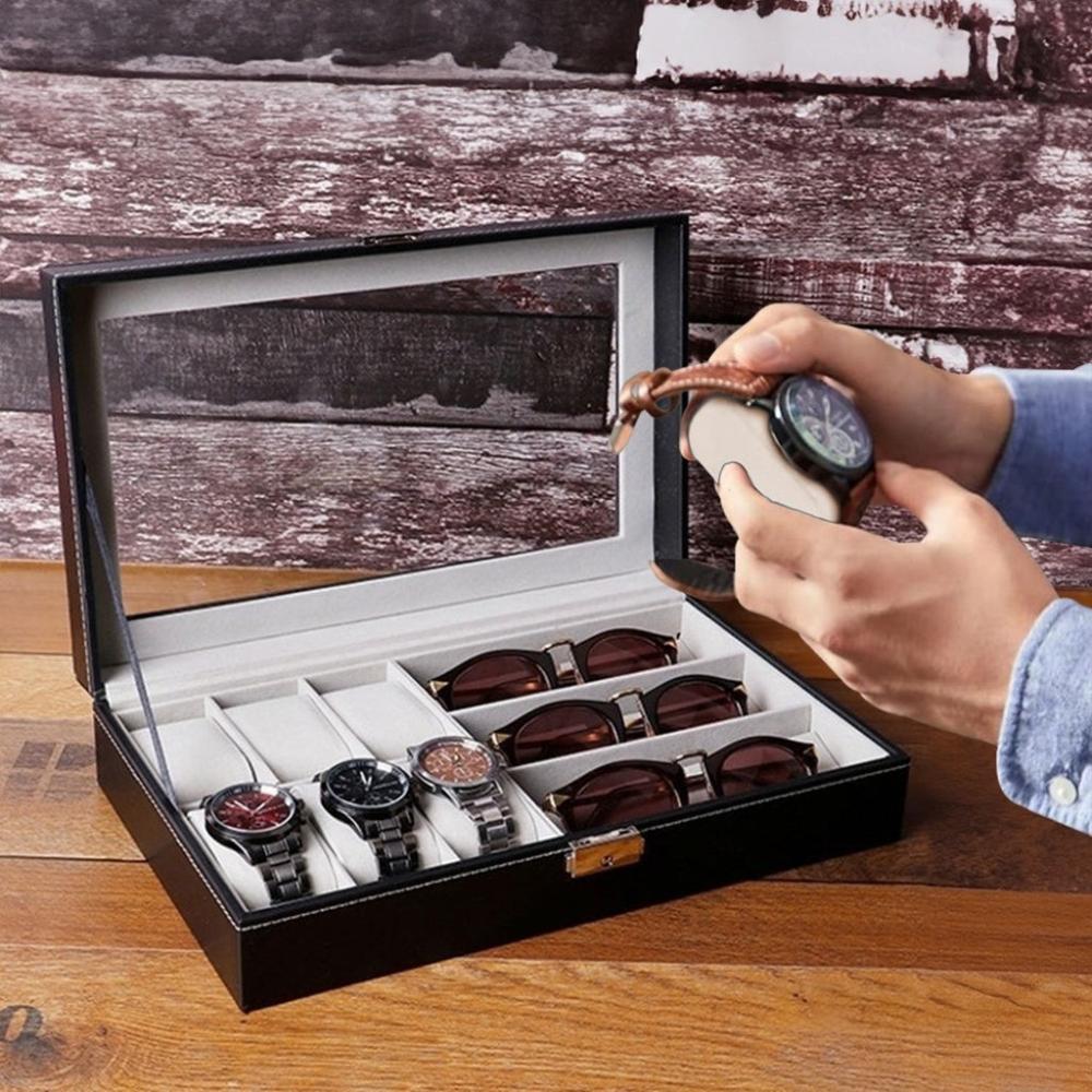 6-Slot Watch Box with 3-Slot Eyeglasses PU Leather Display Case (Black)
