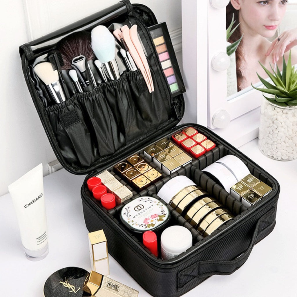 Travel Makeup Bag with Adjustable Dividers (Black)
