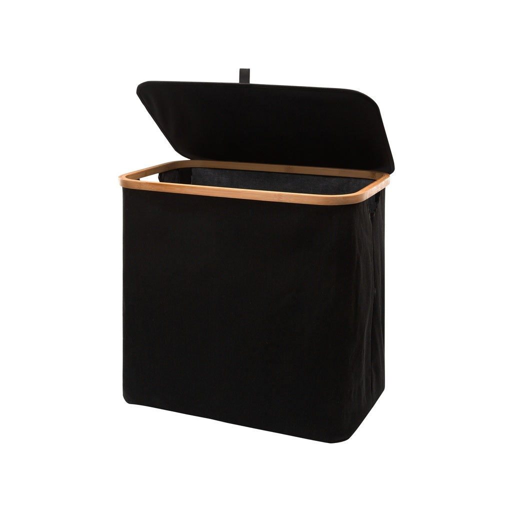 Folding Bamboo & Canvas Laundry Hamper with Single Lid - Black
