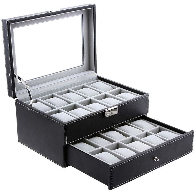 20-Slot 2 Layers Watch Box with Glass Lid