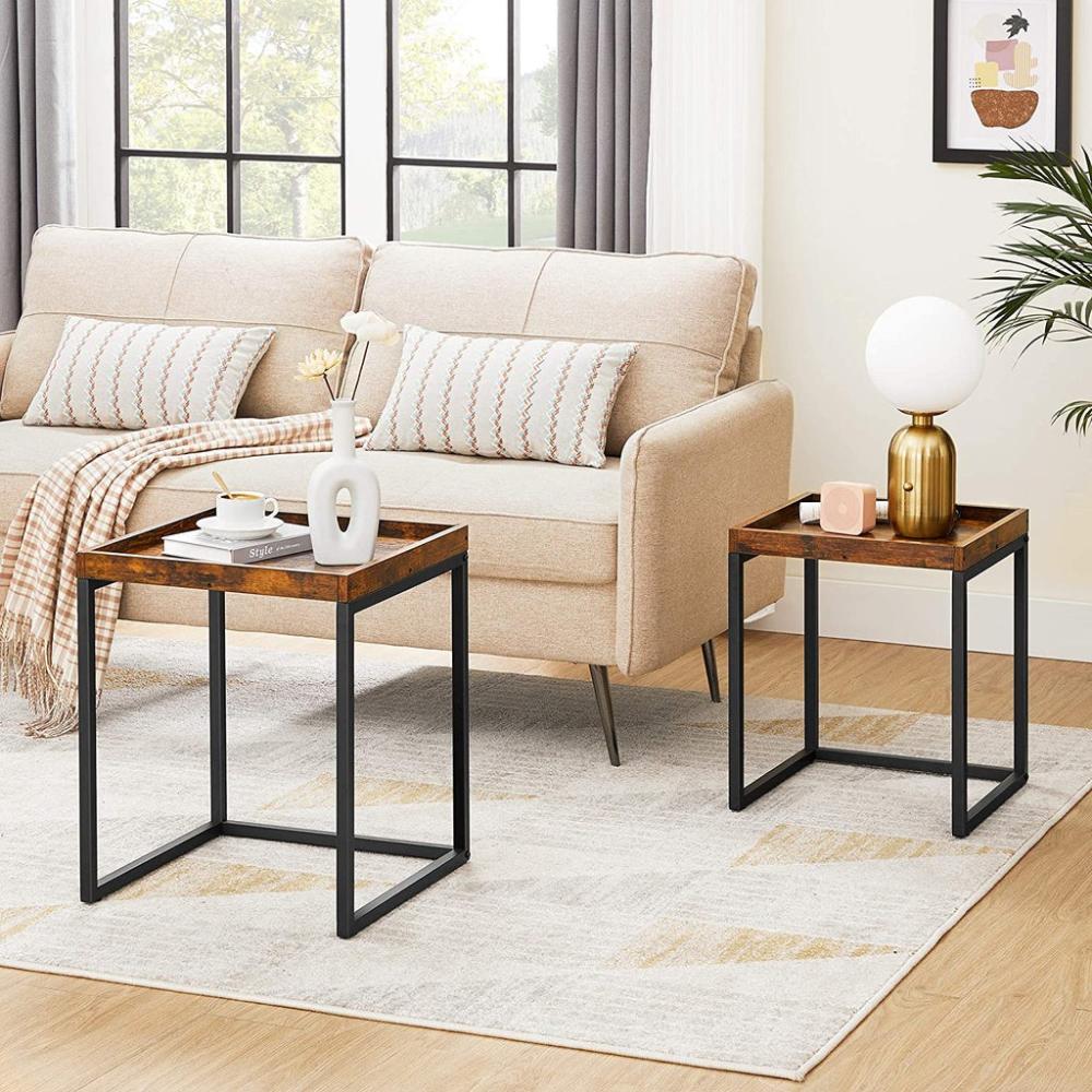Set of 2 Coffee Tables - Rustic Brown and Black