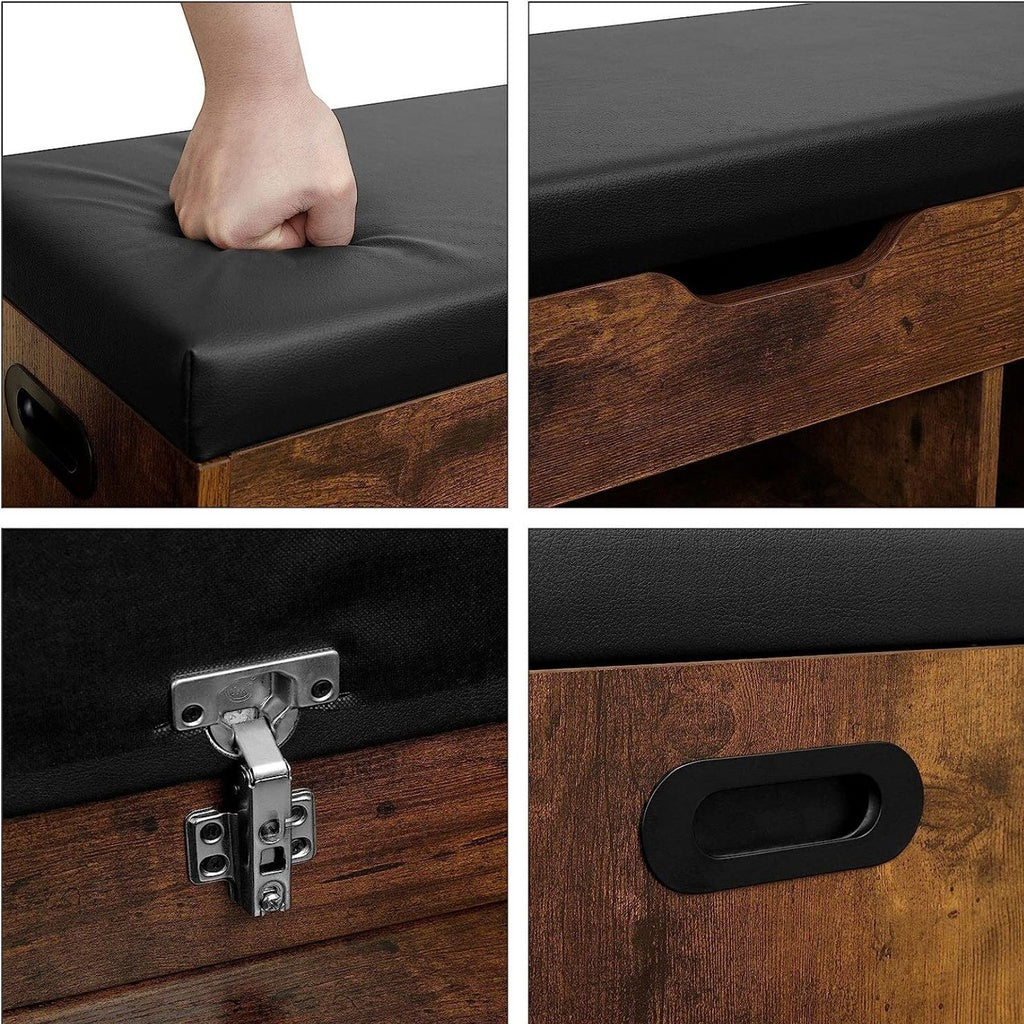 Storage Shoe Bench with Padded Seat 3 Compartments - Rustic Brown