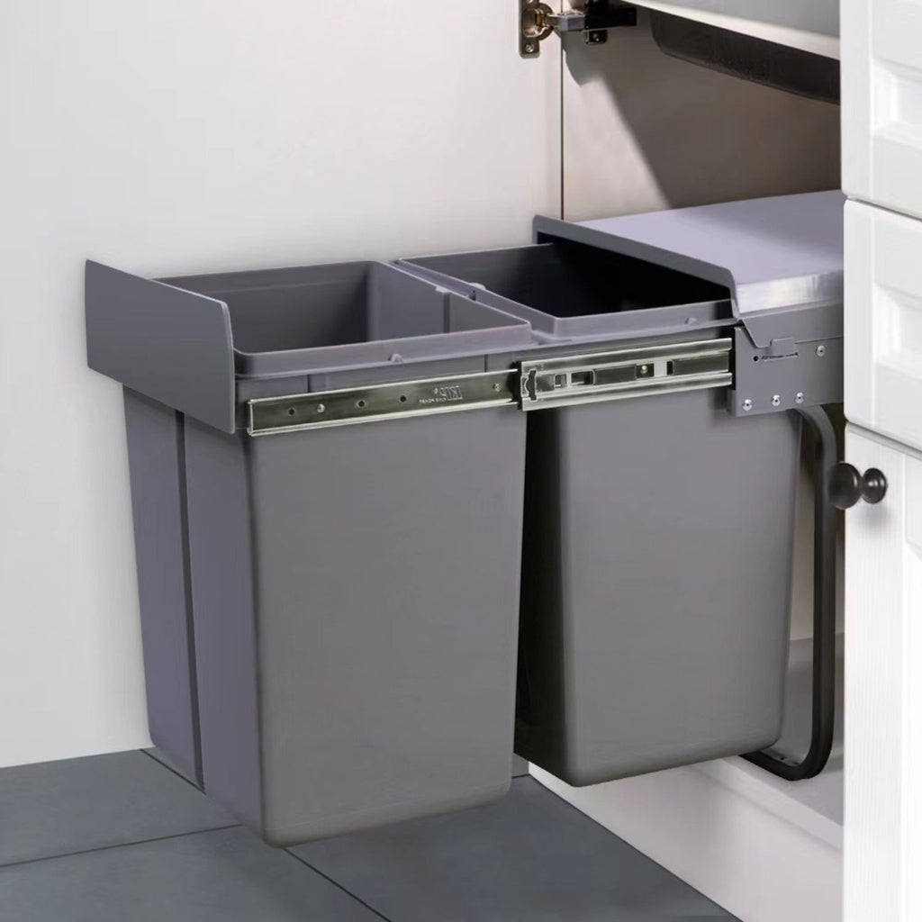 Kitchen Twin Pull Out Bin (Grey) - 2 x 15L