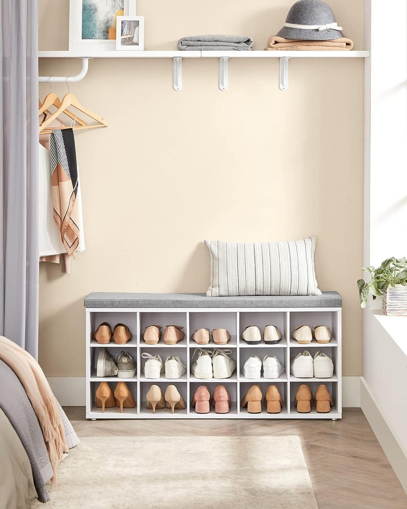 Storage Shoe Bench 15 Compartments with Cushion - White and Grey