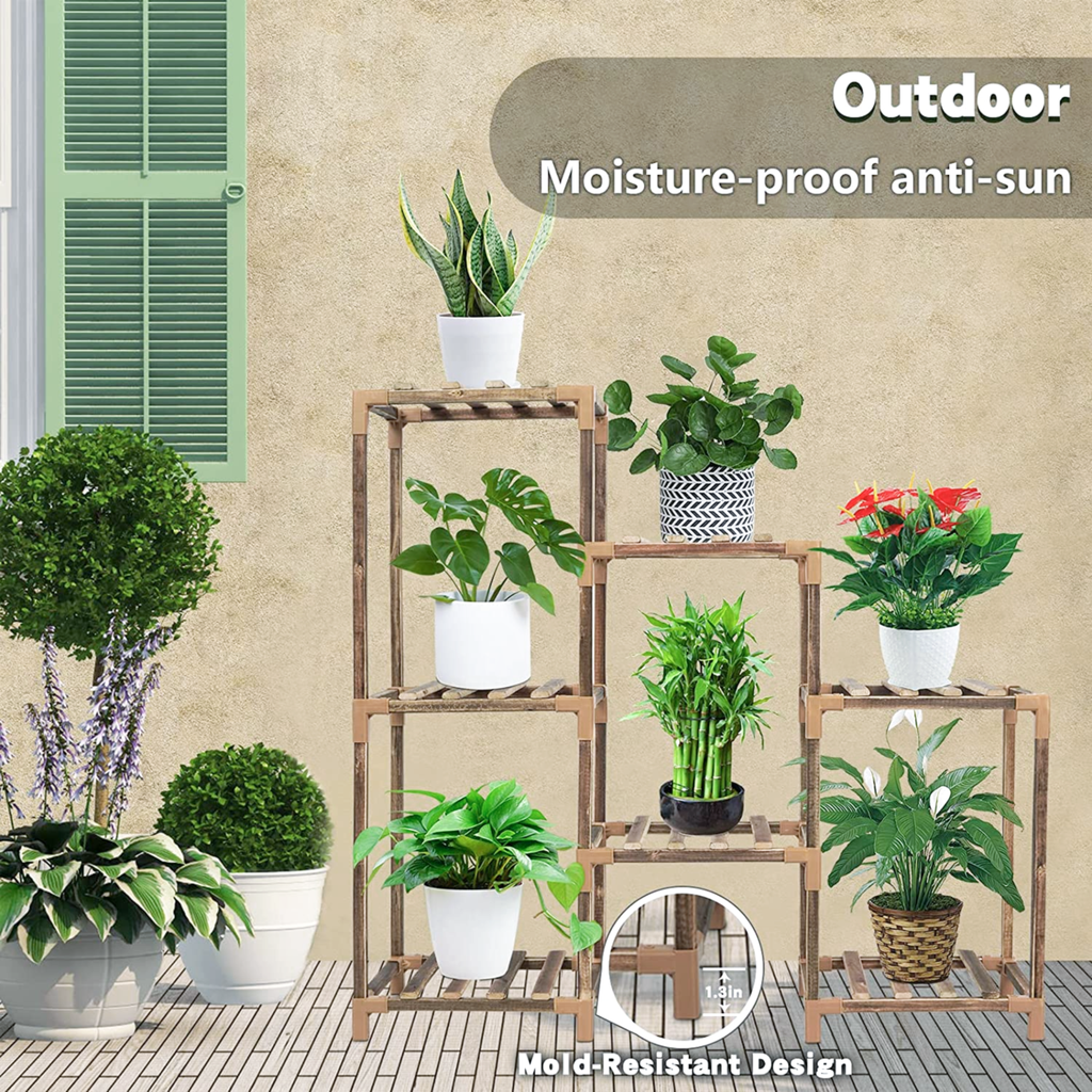 Wood Plant Stand Indoor Outdoor (3 Tiers 7 Potted Ladder)