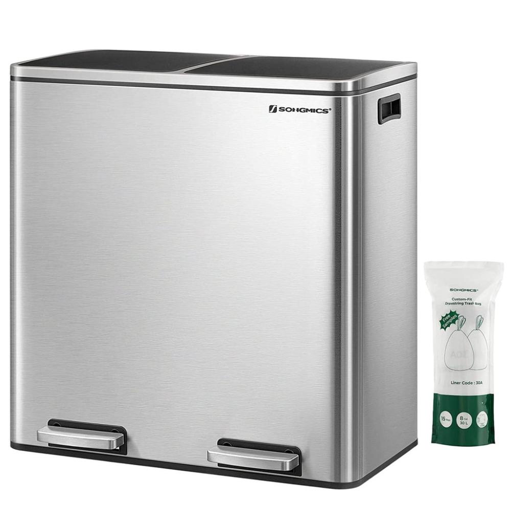 Dual Rubbish Bin 2 x 30L Garbage Can Silver - 60L