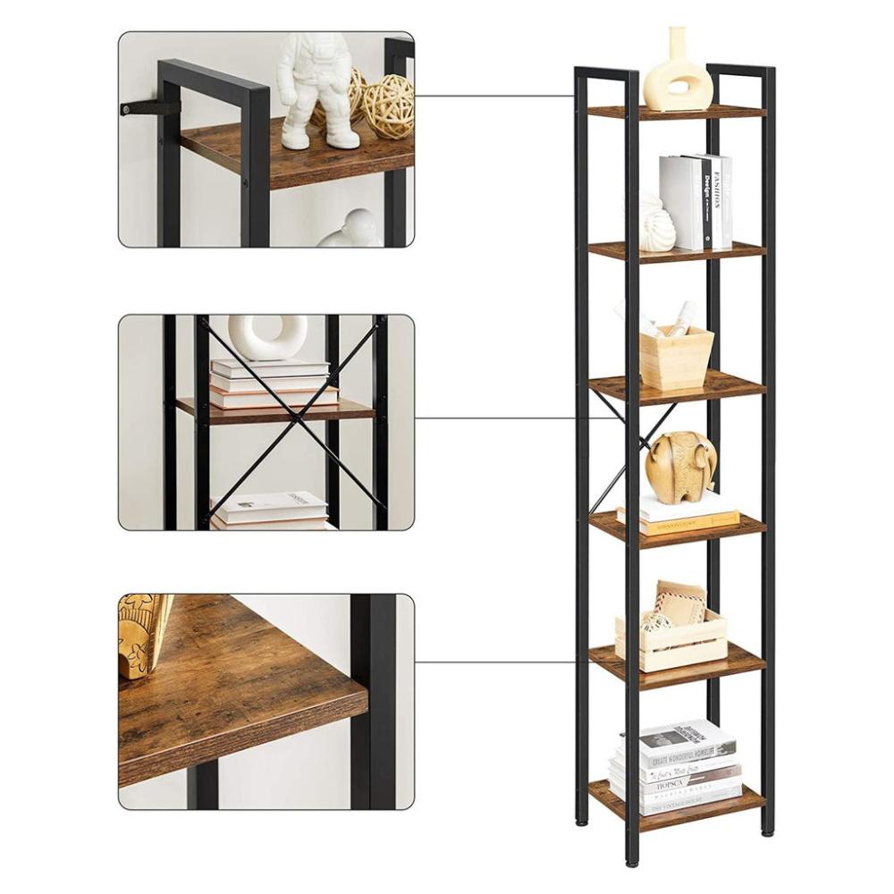 Narrow Bookcase Small 6-Tiers Bookshelf - Rustic Brown and Black