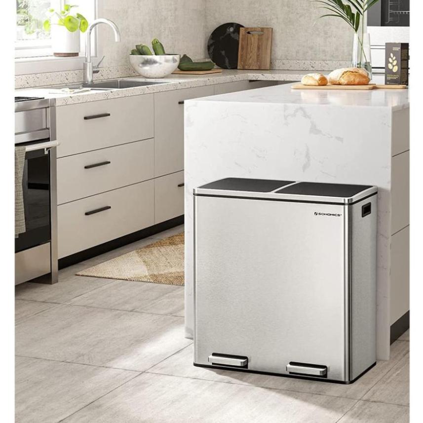 Dual Rubbish Bin 2 x 30L Garbage Can Silver - 60L