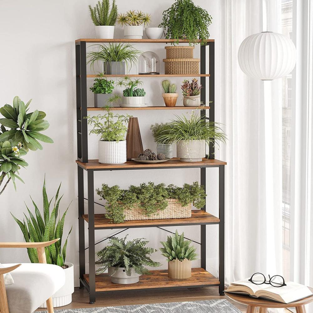 6 Tier Storage Shelves with 6 Hooks - Rustic Brown and Black