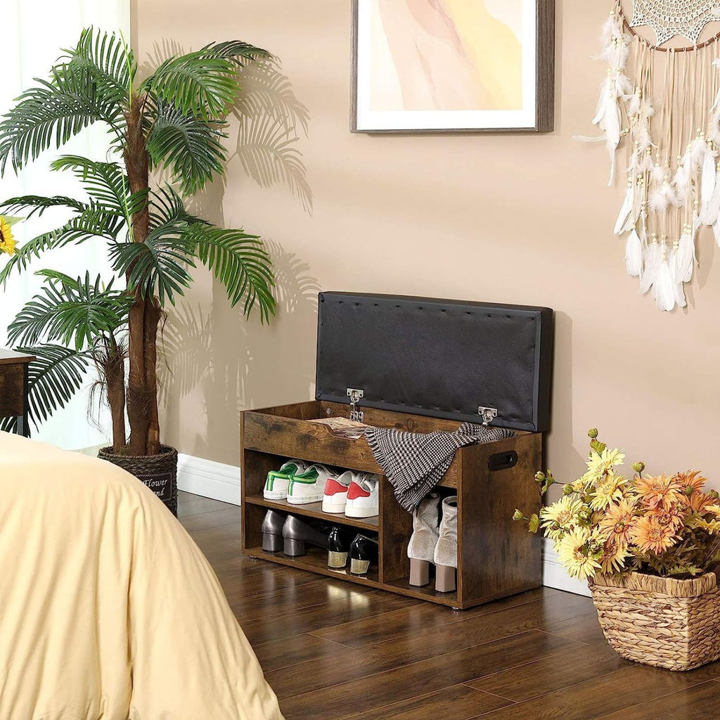 Storage Shoe Bench with Padded Seat 3 Compartments - Rustic Brown