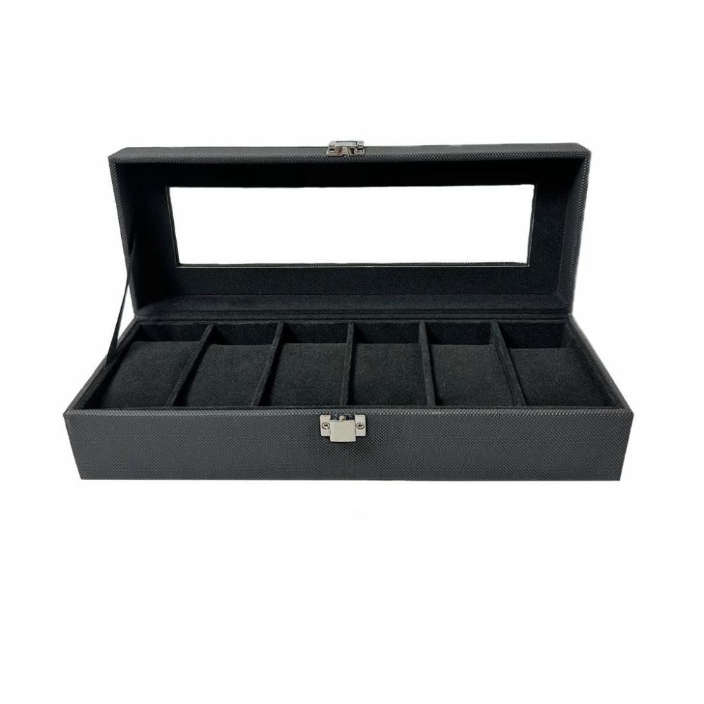 6 Slot Watch Box with Transparent Display Window (Black)
