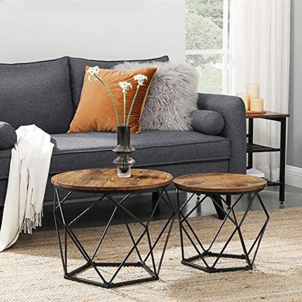 Rustic Brown and Black Coffee Tables with Robust Steel Frame - Set of 2