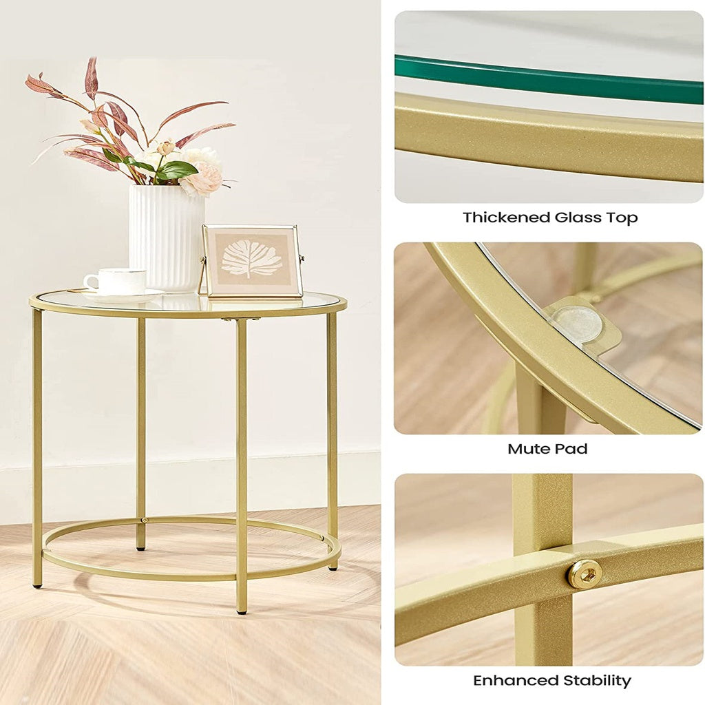 Round Side Tables Set of 2 Tempered Glass - Steel Frame Gold