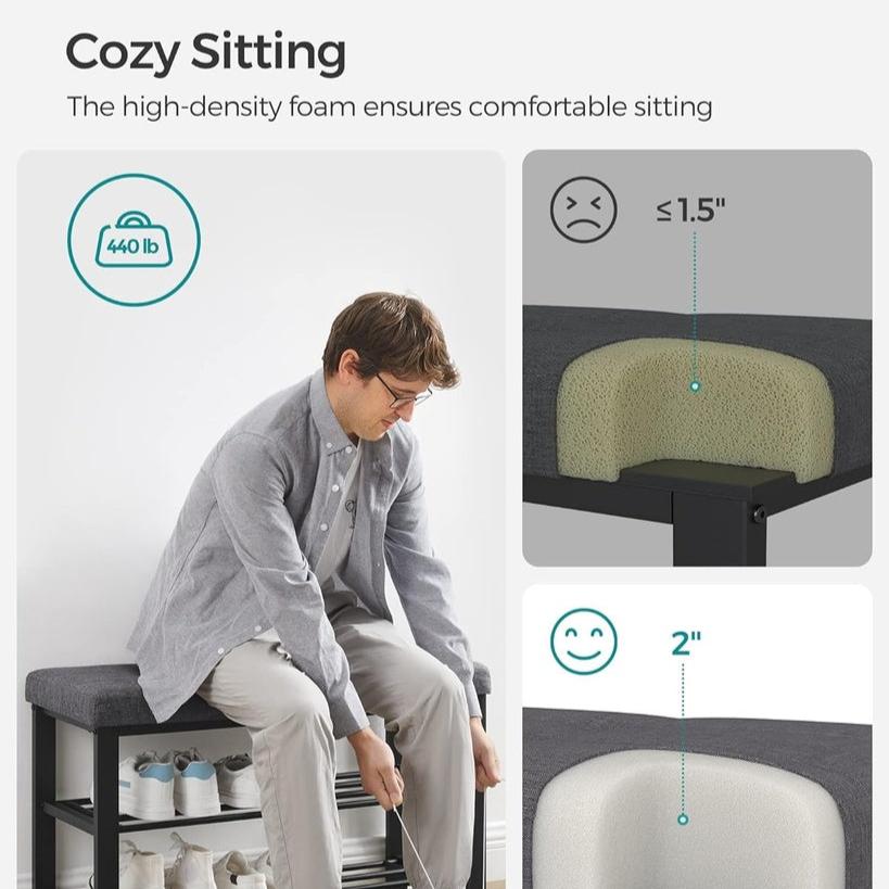 3-Tier Metal Shoe Bench Storage Organizer - Dark Grey and Black