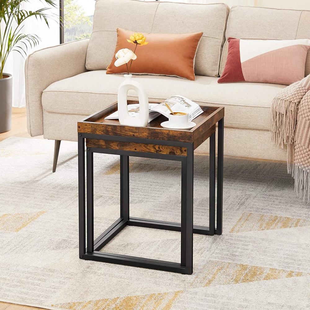 Set of 2 Coffee Tables - Rustic Brown and Black