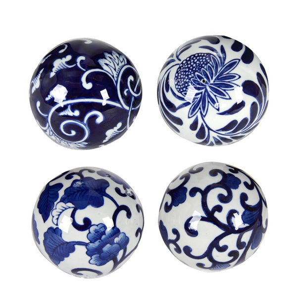 Blue & White Set of 4 Decorative Ceramic Balls