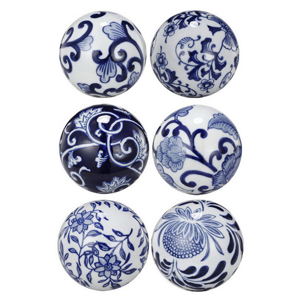 Set of 6 Blue & White 6 Decorative Floral Balls 8cms