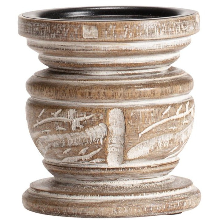 Handcrafted Wooden Carved Pillar Candle Holder 10.5cms