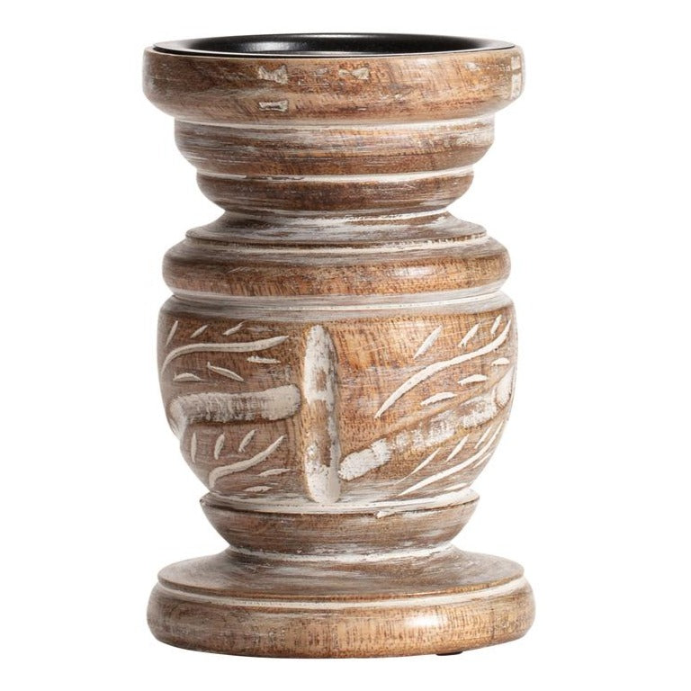 Handcrafted Wooden Carved Pillar Candle Holder 15.5cms