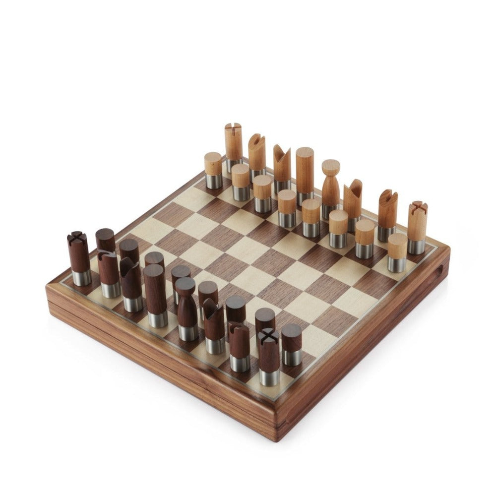 Royal Selangor Modernist Pewter Motif Walnut Chess Set
