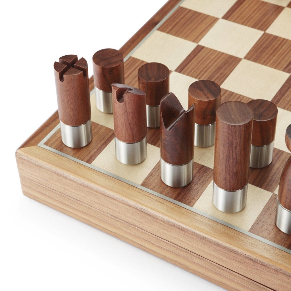 Royal Selangor Modernist Pewter Motif Walnut Chess Set
