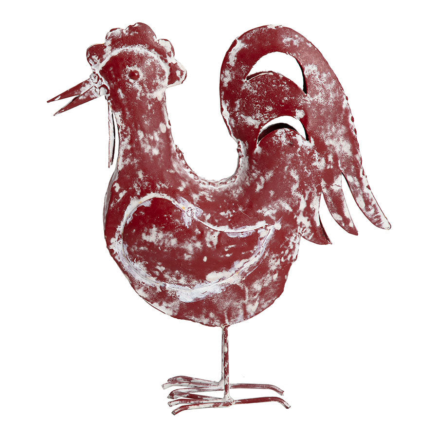 Set/2 Distressed Red Rooster & Chicken Outdoor Decor