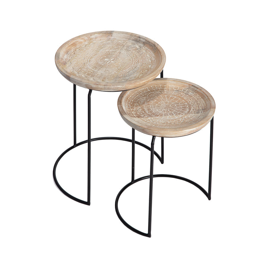 Nested Handcrafted Mandala Wooden Side Tables Set of 2