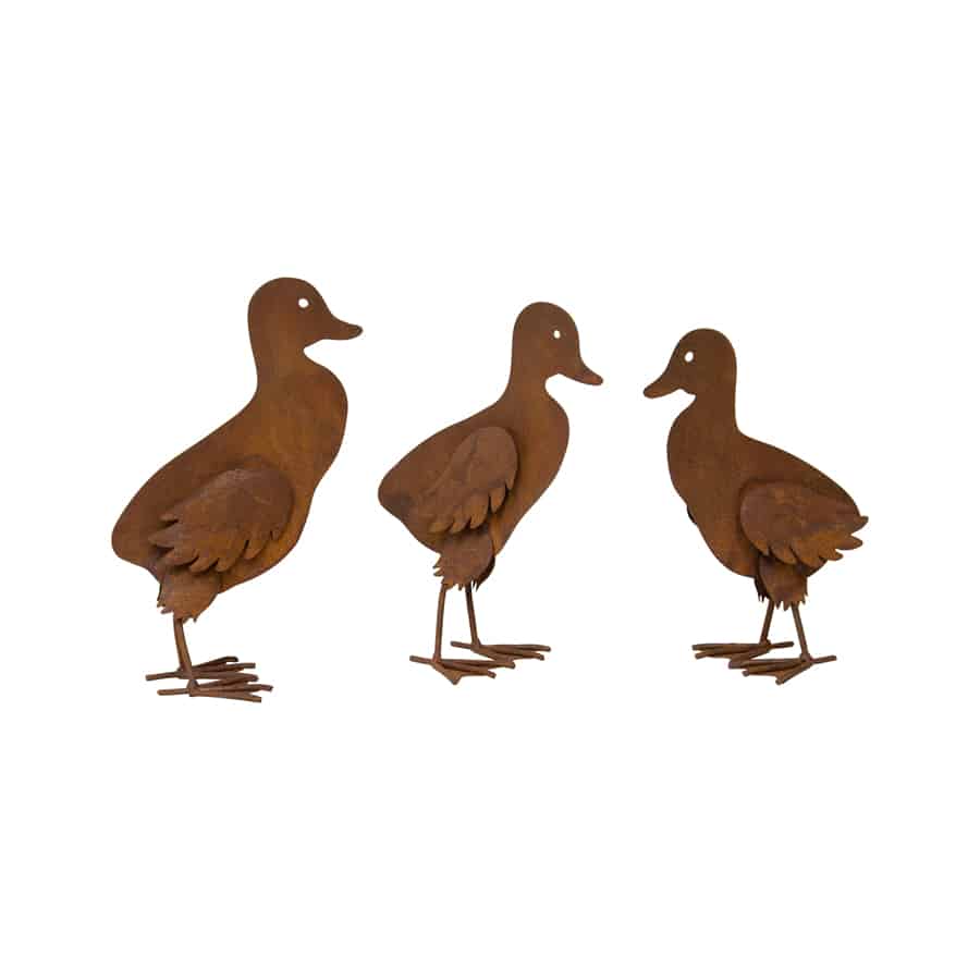 Set Of 3 Metal Outdoor Decor Rust Ducklings