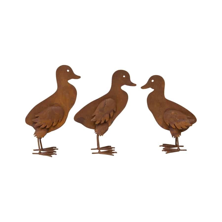 Set Of 3 Metal Outdoor Decor Rust Ducklings