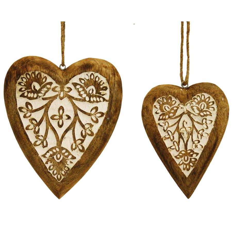 Nested Carved Wooden Hanging Hearts Set of 2