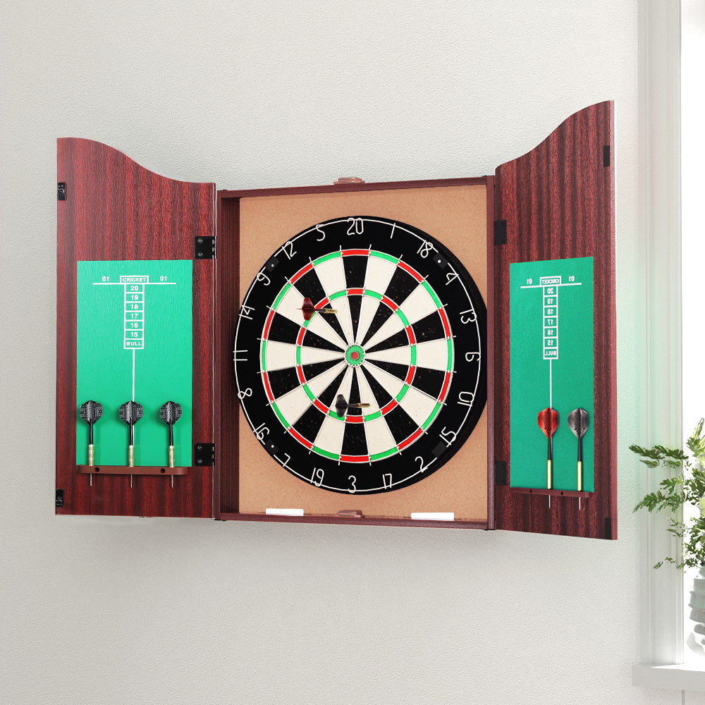 18" Dart Board with Steel Darts Wooden Cabinet Party Game