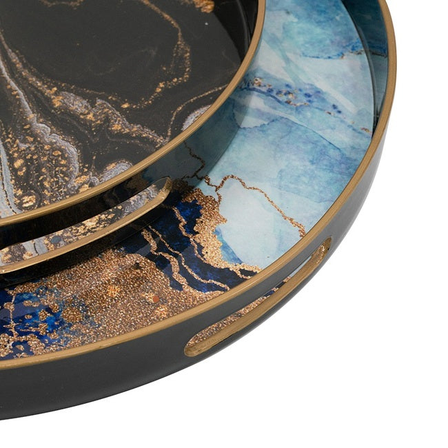 Marble Print Set of 2 Round Trays